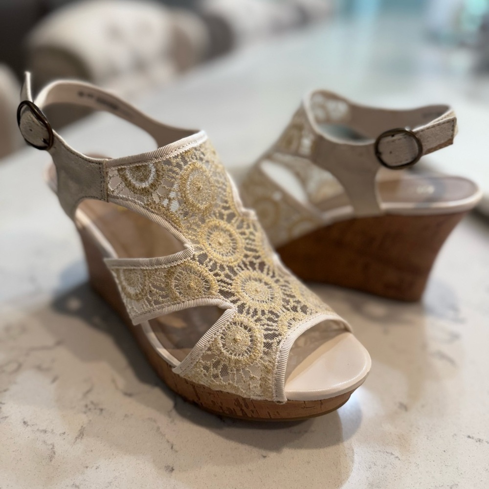 Cream and Brown Lace Wedge Sandals